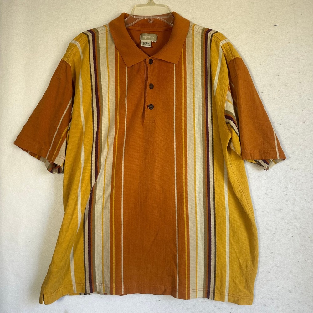 The Territory Ahead Mens XL Polo Shirt Orange Yellow Vertical Stripe Cotton SS